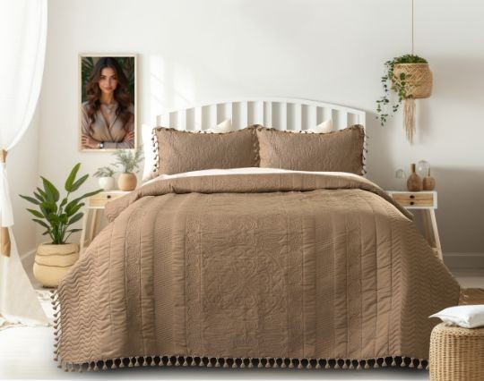 Premium Tussels Bedcover Set | Double Bed 3 PCS Set (90x100 inch) | Cotton Feel Fabric | Luxury Seri
