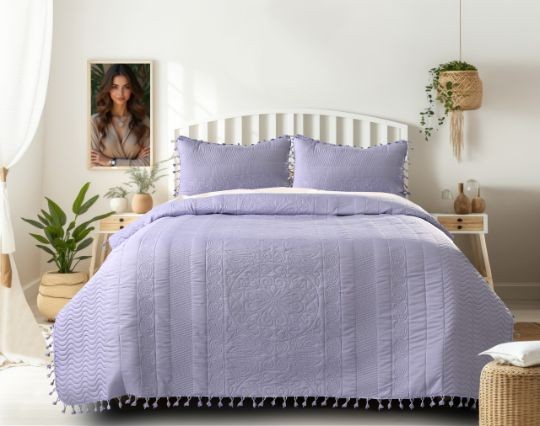Premium Tussels Bedcover Set | Double Bed 3 PCS Set (90x100 inch) | Cotton Feel Fabric | Luxury Seri