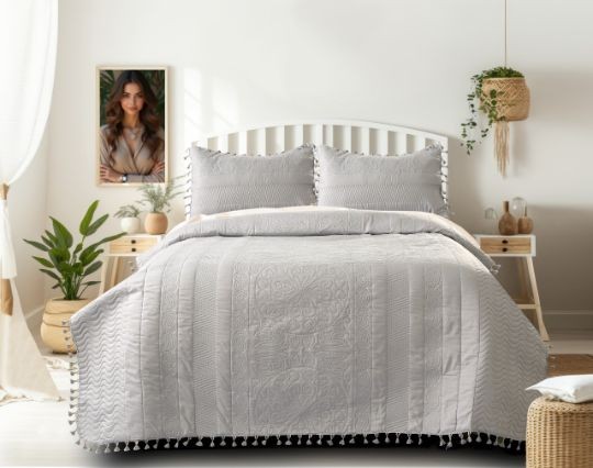 Premium Tussels Bedcover Set | Double Bed 3 PCS Set (90x100 inch) | Cotton Feel Fabric | Luxury Seri
