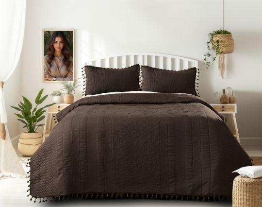 Premium Tussels Bedcover Set | Double Bed 3 PCS Set (90x100 inch) | Cotton Feel Fabric | Luxury Seri