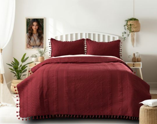 Premium Tussels Bedcover Set | Double Bed 3 PCS Set (90x100 inch) | Cotton Feel Fabric | Luxury Seri