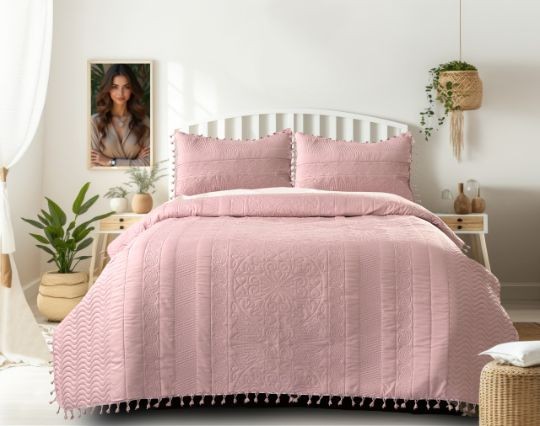 Premium Tussels Bedcover Set | Double Bed 3 PCS Set (90x100 inch) | Cotton Feel Fabric | Luxury Seri
