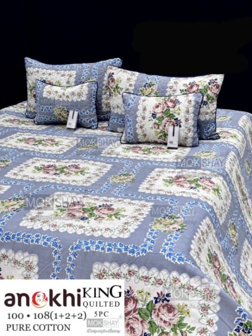 Anokhi King Size Quilted 5-Piece Set (100x108) | Pure Cotton Premium Bedding Set | Includes 1 Quilt,